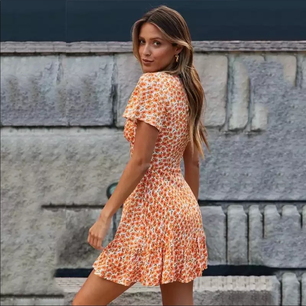 Orange Boho Floral Gypsy Print Short Sleeve Dress - Picture 3 of 7